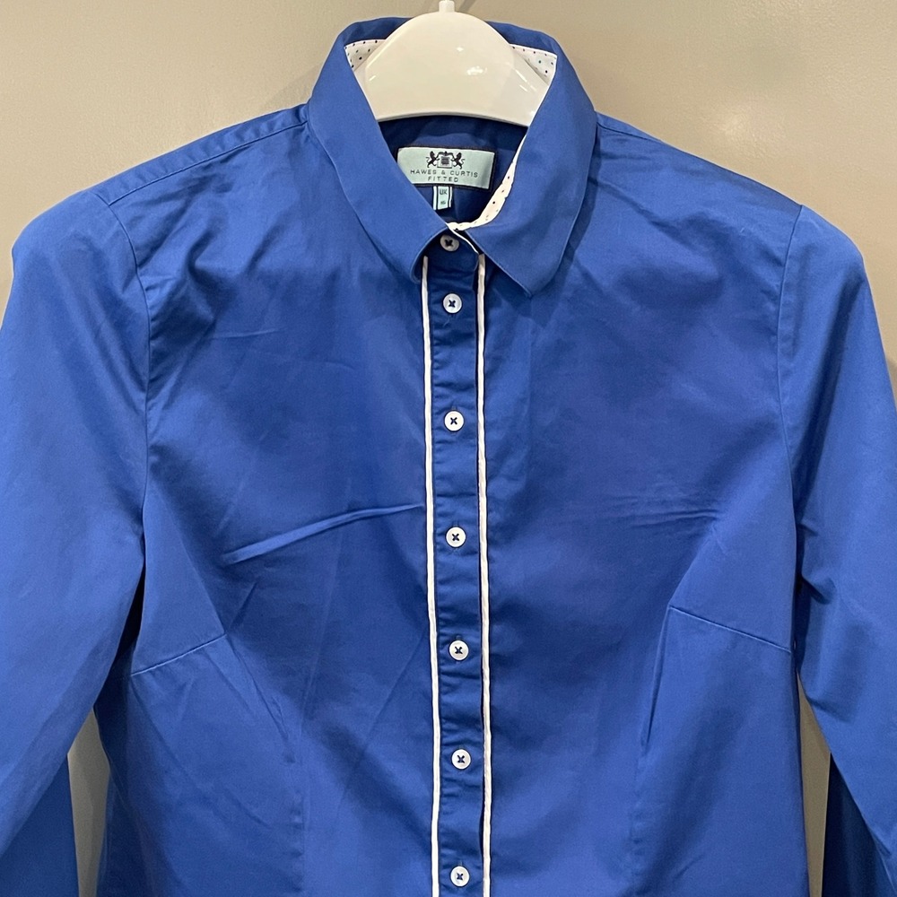 Hawes & Curtis Fitted Royal Blue Button Down Shirt White Piping Polka Dot UK 16